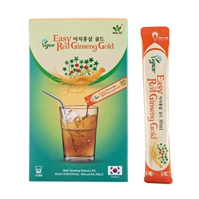Abbildung von Ginseng Extrakt Easy Gold 100% aus dem echten koreanischen mit hohem Inhalt an aktive Stoffe 10x10 ml flüssiges Getränks verpackt in Einzelbeuteln, Energie Vitalität Wohlbefinden