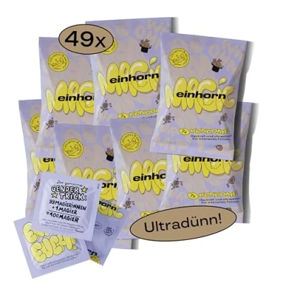 Abbildung von einhorn ultra dünne Kondome I 49er Jahresvorrat Magic 49 Stück Standardgröße 53 mm vegane, hormonfreie Verhütung natürlicher Gleitfilm nachhaltig und sicher