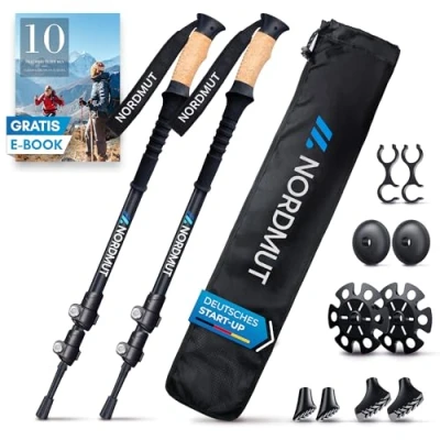 Abbildung von NORDMUT® Wanderstöcke Teleskop Carbon Nordic Walking Stöcke Damen und Herren Ultraleichte Trekkingstöcke [mit Gummipuffer Set] verstellbar mit Echt Kork Griff