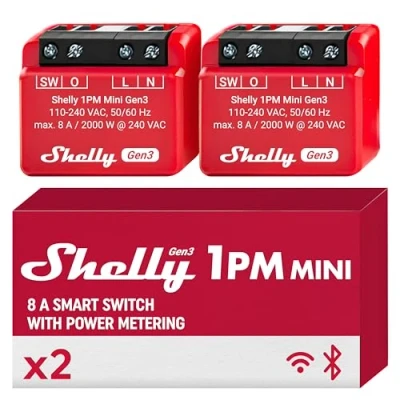 Abbildung von Shelly 1PM Mini Gen3 WLAN &amp; Bluetooth Smart Relais Schalter, 1 Kanal 8A mit Strommessung Unterputz Lichtschalter Alexa und Google Home iOS Android App Kein Hub erforderlich (2er Pack)