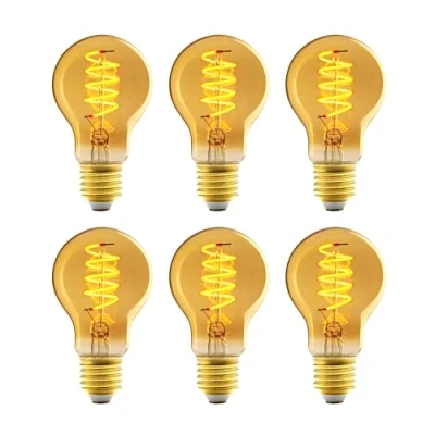 Abbildung von Amazon Basics Vintage LED Birne, E27, antiker Stil, Retro Bernsteinglas, A60, 4 W (entspricht 25 W), 1800 K, ultrawarmes Licht zur Dekoration, 6 Stück