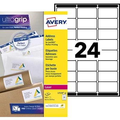 Abbildung von Avery L7159 40 Etiketten, 63,5 x 33,9 mm, Weiß