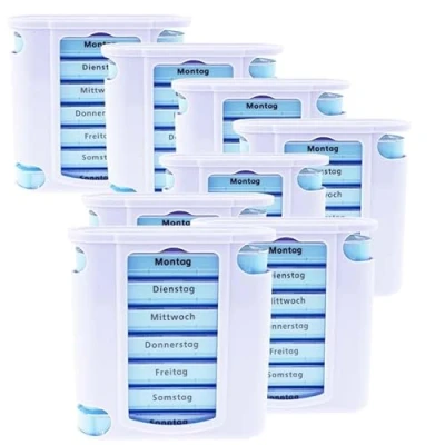 Abbildung von KAMACA 8 er Pack (= Stück) praktischer Medikamentendosierer 7 Tage mit 4 Fächern pro Tag, Pillendose,Pillenbox, Tablettenbox, Wochendosierer (8er Set Wochen)