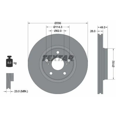 Abbildung von TEXTAR PRO 92163903 Bremsscheibe 295 26 05/07 114,3 außenbelüftet beschichtet ohne Radbefestigungsbolzen, Radnabe TOYOTA: Auris Hatchback