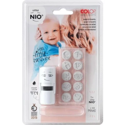 Abbildung von GLOREX 6 2248 121 Colop Stempel Set von Little Nio, Design Baby, mit 10 Abdruckmotiven, 18 mm, Stempelkissen in fancy grau, zum Personalisieren Ihrer Gegenstände