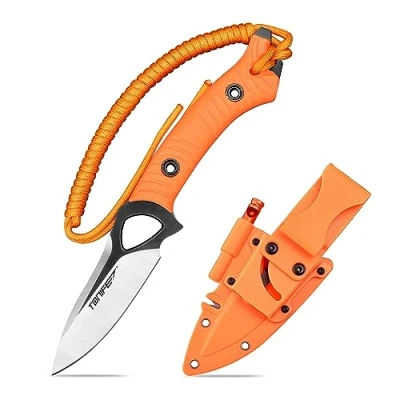 Abbildung von TONIFE Explorer Feststehendes Messer mit Scheide 8Cr14MoV Klinge Multifunktionales Überlebensmesser, Glasfaserverstärkter Nylongriff für Outdoor EDC (Orange+Schwarz Titan und Satin)