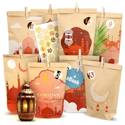 Abbildung von AMARI ® Ramadan Tüten (30 inklusive Sticker &amp; Klammern) Ramadankalender zum Befüllen Kalender Bastelset