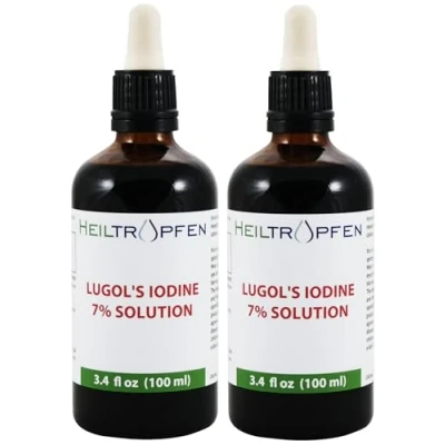 Abbildung von 2x 100 ml Lugolsche Lösung 7% Inhaltsstoffe in pharmazeutischer Qualität 21% Lugols liquid Formulierung 7 Prozent elementares Jod und 14% Kaliumjodid Doppelpack Heiltropfen®