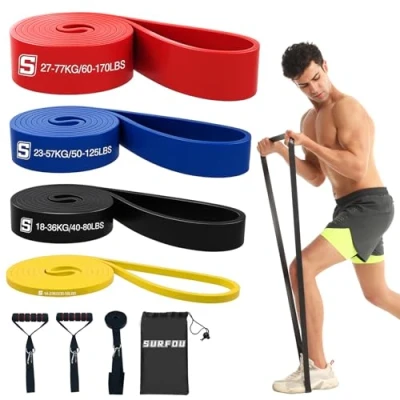 Abbildung von SURFOU Fitnessbänder Set mit 4 Widerstandsstufen, Widerstandsbänder Türanker, 2 Griffen, Übungsanleitung &amp; Tragebeutel, für Yoga, Pilates, Krafttraining, Klimmzughilfe