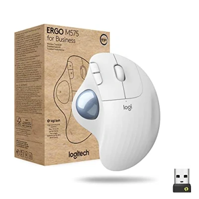 Abbildung von Logitech ERGO M575 for Business kabelloser Trackball Ergonomisches Design, gesicherte Logi Bolt Technologie, Bluetooth, weltweit zertifiziert, Windows/Mac/Chrome/Linux Weiß