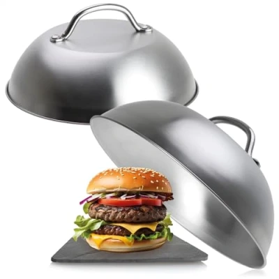 Abbildung von com four® 2x Burgerglocke aus Edelstahl 304 Schmelzglocke für Cheeseburger Abdeckhaube Küche, Grill und Teppanyaki Burgerabdeckung spülmaschinenfest