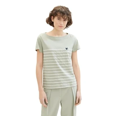 Abbildung von TOM Tailor Gestreiftes Uboot Ausschnitt Tshirt print, Damen, Größe: Small, Desert green