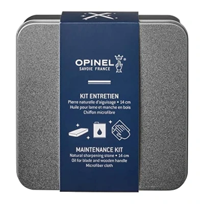 Abbildung von Opinel Pflegeset Messer, enthält einen Schleifstein, Körnung 1000, ein pflanzliches Pflegeöl 150 ml und Microfaser Tuch, 254640, Silber