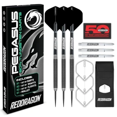 Abbildung von RED DRAGON Pegasus Professionelles Wolfram Steeltip Dart Set, erhältlich in 21, 23, 24, 25, 26, 28, 30 Gramm, mit Flights, Schäften (Schäften) und Tasche (Schwarz 21G, 1)