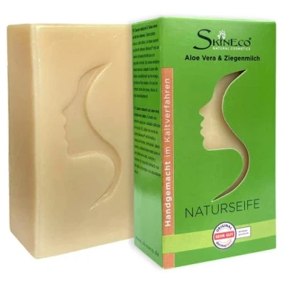 Abbildung von Skineco Naturseife nachhaltige Ziegenmilchseife mit Aloe Vera Stück Seife für trockene Haut Körperseife handgemachte Naturkosmetik Gesicht Reinigung mildes festes Duschgel