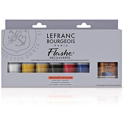 Abbildung von Lefranc Bourgeois 300340 Flashe Acrylfarbe &amp; Vinylfarbe, hochpigmentiert, elastisch, lichtecht, alterungsbeständig, matt, für den Innen Außenbereich 6 Farben Discovery Set a 20ml Tuben