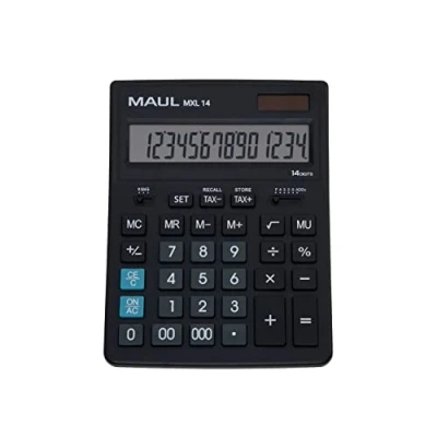 Abbildung von MAUL Kaufmännischer Taschenrechner MXL14 14 Stellen inkl. Steuerberechnung angewinkeltes Display großer Profi Tischrechner Solarbetrieben inklusive Batterie 20,5 x 15,5 cm Schwarz