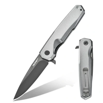 Abbildung von TONIFE Vision Klappmesser Outdoor Messer mit 8Cr14MoV Klinge und Aluminium Griff Survival Taschenclip Bushcraft (Grau Grau Titan)