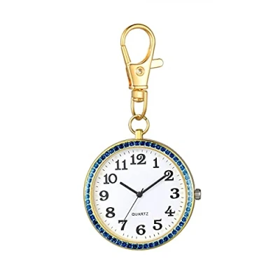 Abbildung von JewelryWe Karabiner Taschenuhr mit Gravur Quarz Analog Uhr Strass Quarzuhr Schlüsselanhänger für Ärzte Krankenschwestern Sanitäter Köche Gold Blau