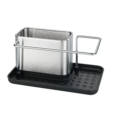 Abbildung von WENKO Spülorganizer Mod. Orio, hochwertiger Spülbecken Organizer aus rostfreiem Edelstahl, Caddy mit viel Stauraum für Spülmittel, Spültuch, Schwamm, 21 x 10,5 12 cm, Silber matt