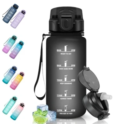 Abbildung von Motswedi Trinkflasche, 500ml BPA Frei, Trinkflasche mit Strohhalm, Auslaufsicher, Sport, Kohlensäure Geeignet, Wasserflasche für Camping, Yoga, Gym, Schule, Outdoors, Schwarz
