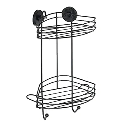 Abbildung von WENKO Vacuum Loc® Eckregal 2 Etagen Schwarz, Duschablage mit Ebenen und Haken aus lackiertem Stahl im Loft Stil, Wandablage zur Befestigung ohne Bohren Vakuum Befestigung, 23 x 43 21 cm