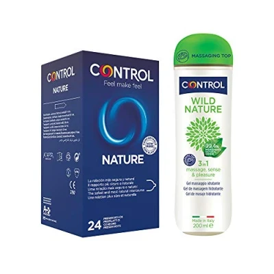 Abbildung von CONTROL NATURAL MIX Box mit 24 klassischen Kondomen und 3 in 1 Massagegel 99,4% Inhaltsstoffen natürlichen Ursprungs