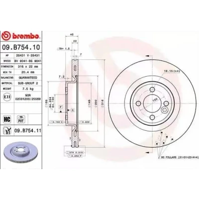 Abbildung von BREMBO COATED DISC LINE 09.B754.11 Bremsscheibe 316 22 4 innenbelüftet beschichtet hochgekohlt MINI: Hatchback, Clubman, Convertible