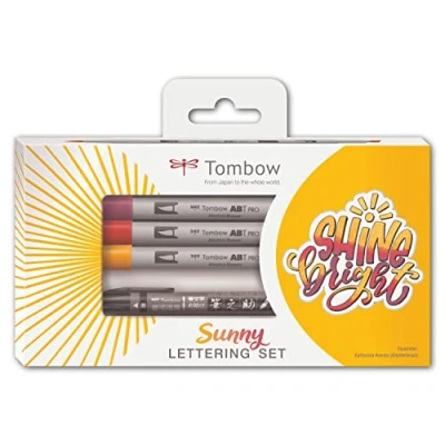 Abbildung von Tombow LS ABTP, Sunny Lettering Set für farbstarke Letterings, 3x ABT PRO Marker &amp; Fudenosuke twin + Anleitung, perfekter Start ins mit alkoholbasierten Markern