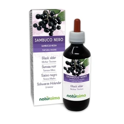 Abbildung von Schwarze Holunder (Sambucus nigra) Blüten und Früchte Alkoholfreier Urtinktur Naturalma Flüssig Extrakt Tropfen 200 ml Nahrungsergänzungsmittel Veganer