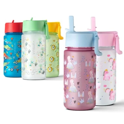 Abbildung von VINSUN Trinkflasche Kinder 500ml Rosa Strohhalm Deckel, auslaufsicher, BPA frei, Kohlensäure geeignet, Tritan Prinzessinnen Wasserflasche für Kindergarten, Schule