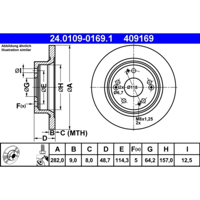 Abbildung von ATE 24.0109 0169.1 Bremsscheibe 282,0 9,0 5 114,3 voll beschichtet mit Schrauben HONDA: ACCORD 8 Kombi,