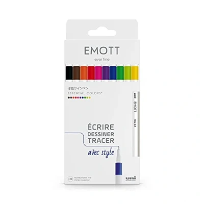 Abbildung von Uni Ball Emott Mitsubishi Pencil 10 Filzstifte Essential Colors Schreiben, Zeichnen, Plotten mit Stil Spitze 0,4 mm Blau, Rot, Grün, Rosa, Fuchsia, Braun, Orange, Schwarz, Gelb, Hellgrün