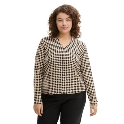 Abbildung von TOM TAILOR Damen Plussize Longsleeve mit V Ausschnitt, 36887 Beige Geometric Minimal, 52