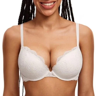 Abbildung von DOBREVA Damen Push Up BH Mit Spitze Gepolstert Plunge Bügel Vollschalen BHS Gemoldete Cups Kokosnuss Weiß 70B