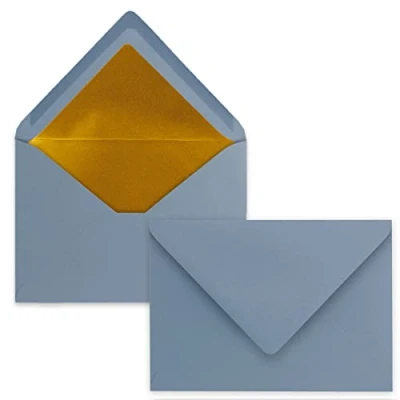 Abbildung von Kuverts Graublau 50 Stück Brief Umschläge DIN C6 114 x 162 mm 11,4 16,2 cm Nassklebung matte Oberfläche &amp; Gold Metallic Fütterung ohne Fenster für Einladungen