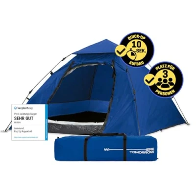 Abbildung von Lumaland Pop Up Camping Zelt 2 3 Personen Kuppelzelt 215 x 195 120 cm 4 Jahreszeiten Igluzelt Outdoor Trekking &amp; Festival Wurfzelt Leicht, Wasserdicht Robust Aufbau simpel, schnell [Blau]