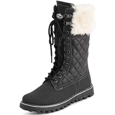 Abbildung von Polar Damen Kunstpelz Warm Thermal Wasserdicht Draussen Gehen Schnee Winter Gummisohle Wadenstiefel Schwarz/Beige UK9/EU42 YC0605