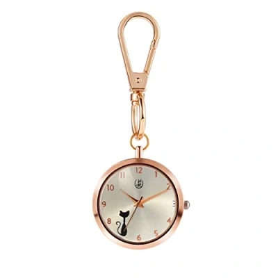 Abbildung von JewelryWe Katze Uhr mit Karabiner Schlüsselanhänger: Damen Karabineruhr süße Cartoon Analog Quarz Taschenuhr Weiß Rundem Zifferblatt und Rosegold Gehäuse