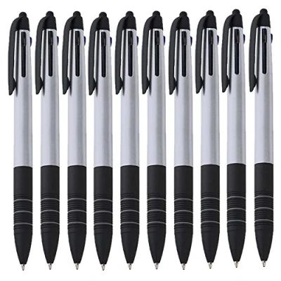 Abbildung von 10er Set Dreifach Kugelschreiber drei Farben Blau Rot und Schwarz Touchpen Eingabestift 4in1 Schreibgerät von notrash2003® (Silber)