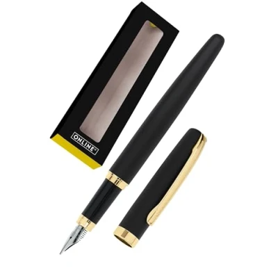 Abbildung von ONLINE Füllhalter Eleganza I Metall Farbe Schwarz &amp; Gold Federstärke M Metallclip inkl. Tintenpatrone Schreibfarbe Blau Füller für Standard Tintenpatronen