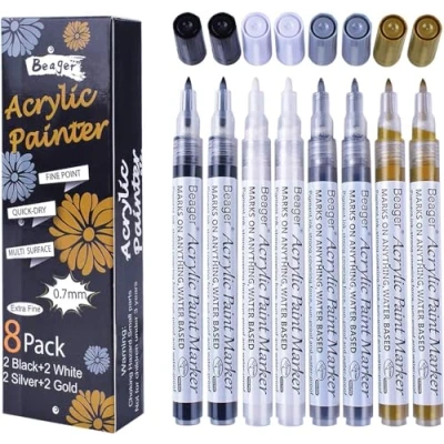 Abbildung von Schwarz Weiß Gold Silber Acrylstifte, 0,7mm Permanent Marker Stifte Wasserfest Acrylfarben Steine Bemalen für Keramik Holz Metall Papier Glas Stoffe Kunststoff Leder DIY 8 Pack