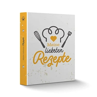 Abbildung von itenga Rezeptringbuch Rezeptordner A4 Motivdruck 2 Ring Mechanik Kochmütze gelb grau Kochrezepte Ringbuch 35mm breit