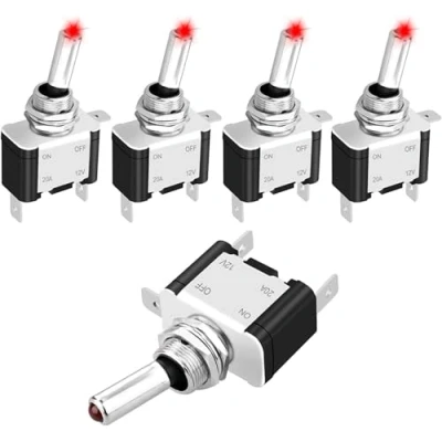 Abbildung von Linkstyle 5 Stück Kippschalter 12V, 20A EIN/AUS Wippschalter mit Rot LED und Metallhebel, Wasserdicht SPST Rocker Toggle Switch für Auto KFZ Marine RV Fahrzeuge LKW Boot