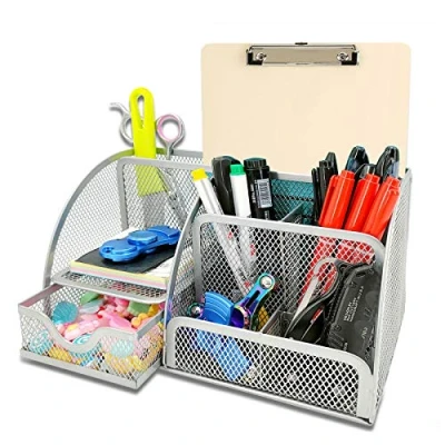 Abbildung von New Office Storage Einfache Haushaltswaren Mesh Desk Organizer mit Schiebeschublade, Fünf Fächern und Aufrechten Abschnitten, Platzsparende Funktionalität (grau)