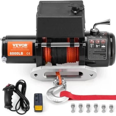 Abbildung von VEVOR Elektrische Seilwinde, 2722kg, 12V DC, Motorwinde mit Φ0,6x1676,4cm Synthetikseil, kabellose &amp; kabelgebundene Fernbedienung, IP55, ideal zum Schleppen von SUVs, LKWs, Anhängern Booten