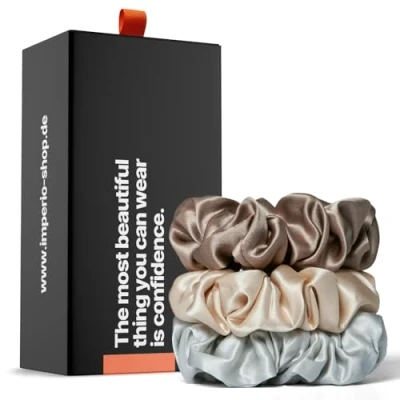 Abbildung von IMPERIO Seiden Scrunchies in exklusiver Geschenkbox Premium Haargummis aus 100% reiner Maulbeerseide 22 Momme Qualität sanft zum Haar gegen Haarbruch (Chic)