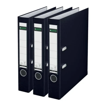 Abbildung von Leitz Qualitäts Ordner 180 Plastik, 3er Pack, das Original, A4 Aktenordner 5 cm schmal, 90% Recycling Karton, 30% Pre Consumer Kunststoff, Mit Mechanik, 350 Blatt, Schwarz, 310345095