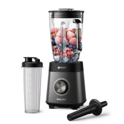 Abbildung von Philips 5000 Serie Standmixer inkl. Blend and go Behälter 1200 W. 2L maximales Fassungsvermögen. ProBlend Plus Technologie. Spülmaschinengeeignet. Automatisierte Reinigung. Schwarz (HR3041/00)