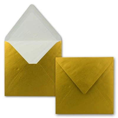 Abbildung von 50x Briefumschläge Quadratisch 16 x cm in Gold Metallic Umschläge mit weißem Seidenfutter Kuverts ohne Fenster &amp; Nassklebung Für Einladungskarten zu Hochzeit und Geburtstag